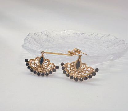 “Black Swan” Filigree Drop Earrings with Spinel