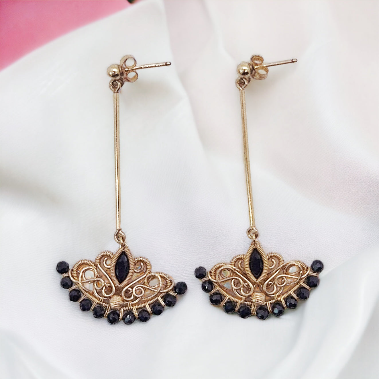 “Black Swan” Filigree Drop Earrings with Spinel